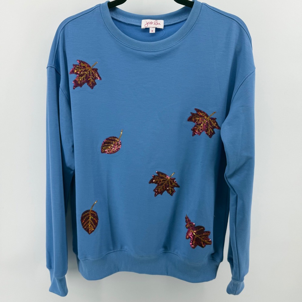 Jess Lea Women's Medium Sweatshirt Top Blue Brown Sequins Fall Print Crewneck
